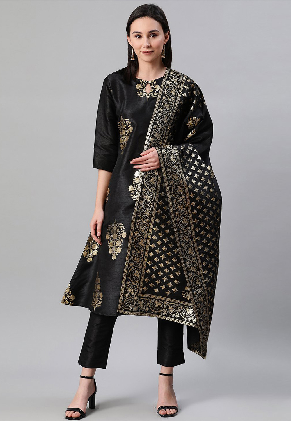 Black Poly Silk Readymade Kameez With Pant 234129