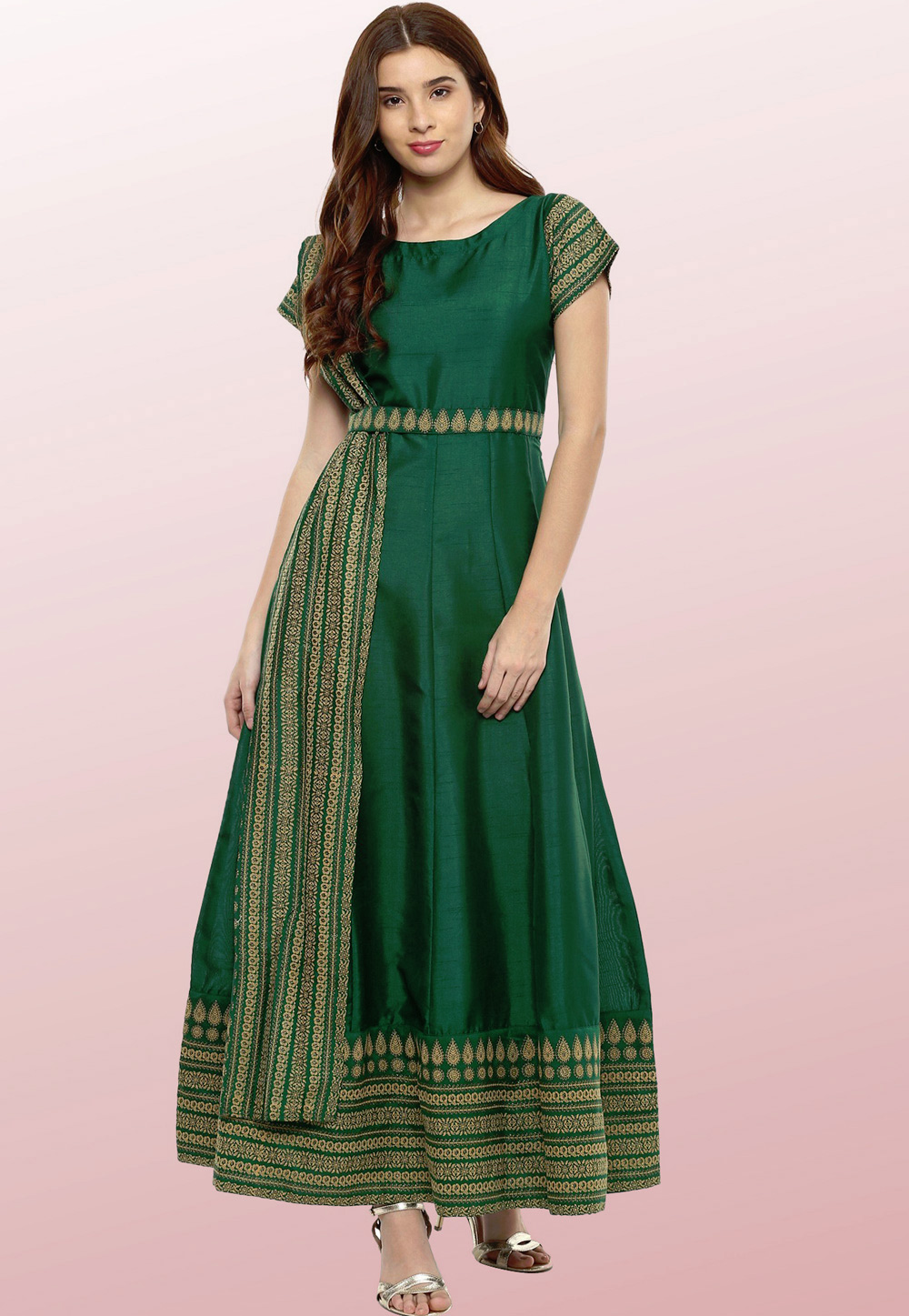 Green Silk Readymade Gown 176688