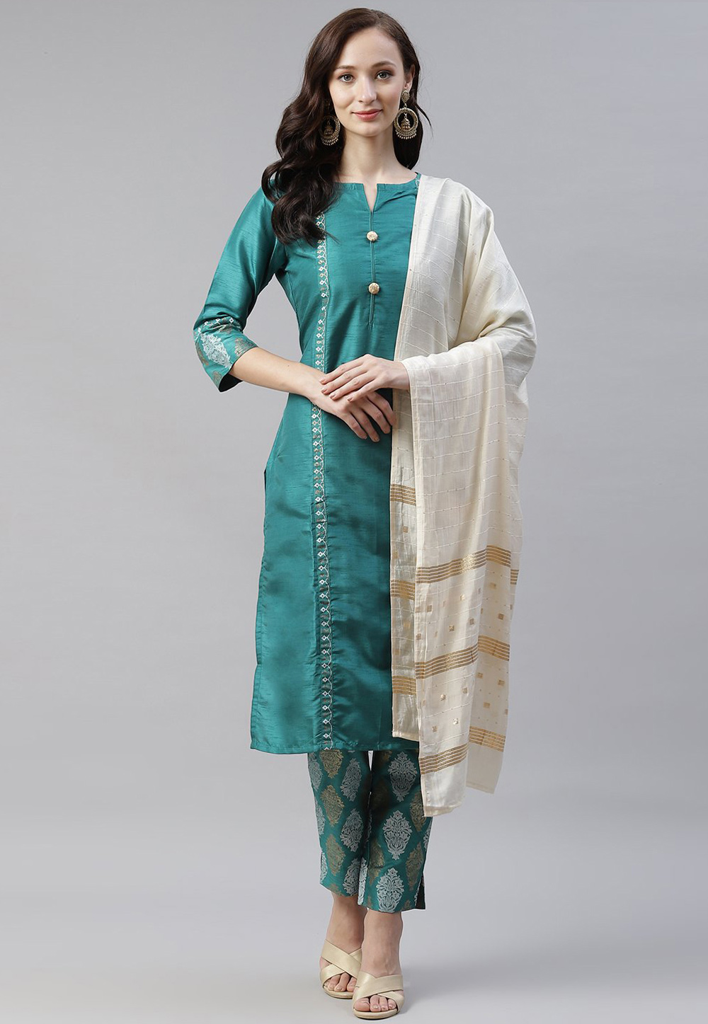 Sea Green Poly Silk Readymade Pant Style Suit 234134