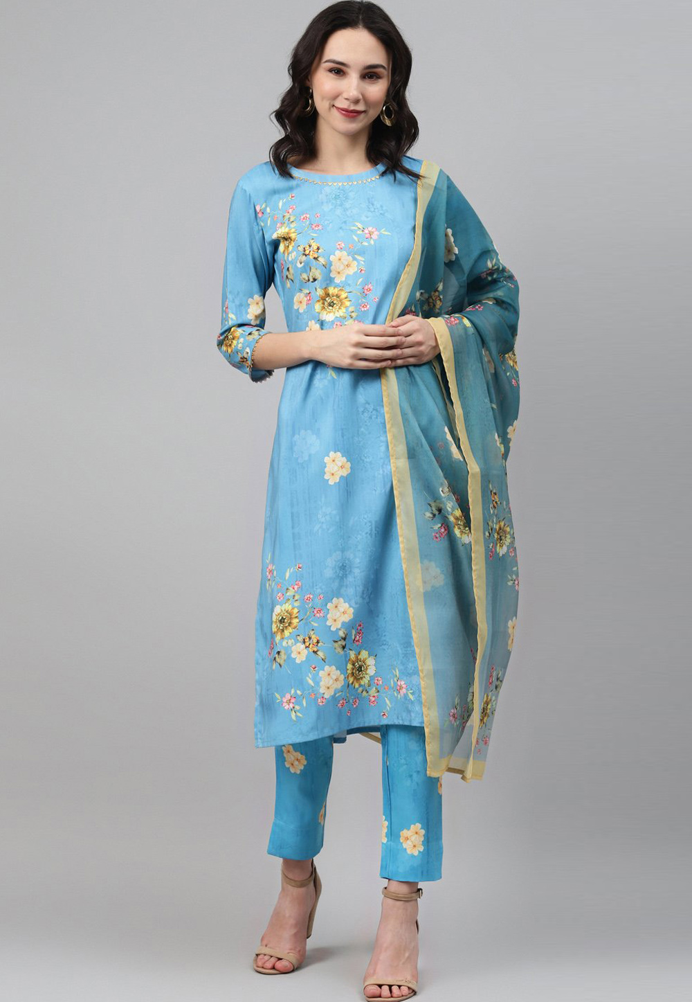 Sky Blue Rayon Readymade Pant Style Suit 234140