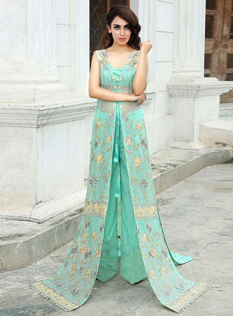 Sea Green Faux Georgette Palazzo Style Suit 75906