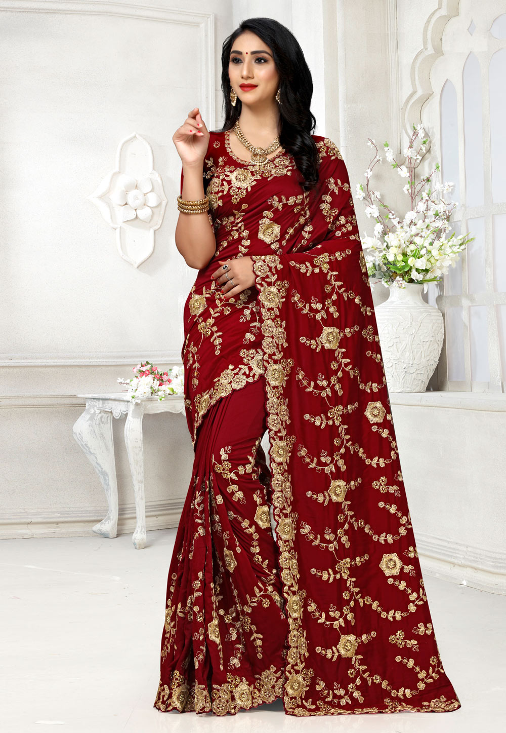 Maroon Satin Georgette Saree With Blouse 207189