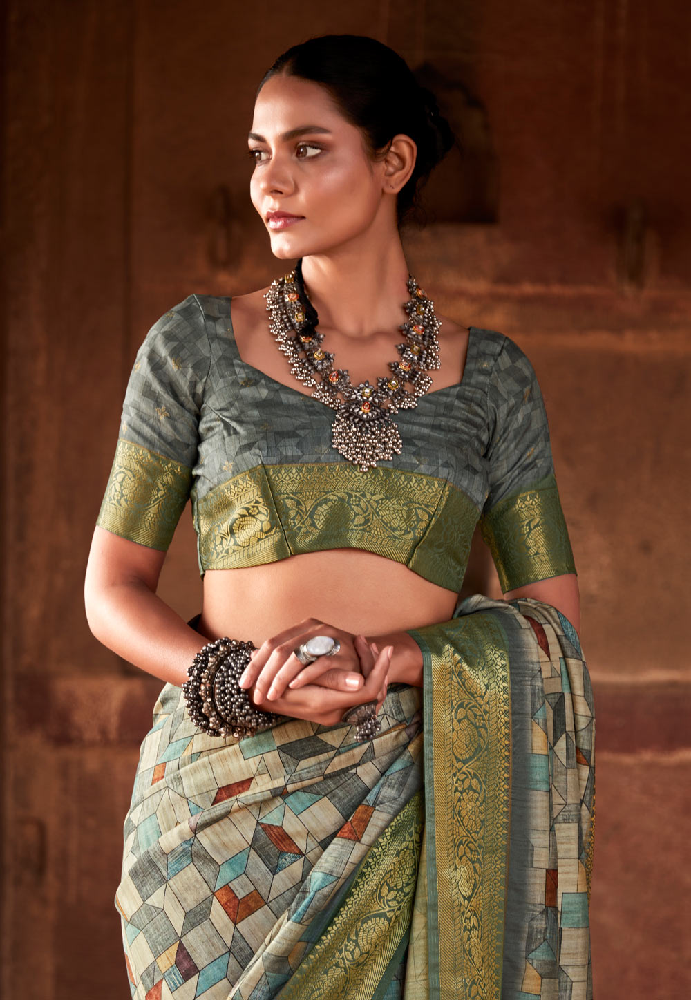 Sage Green Hand Painted Pure Tussar Silk Saree – Craftyle