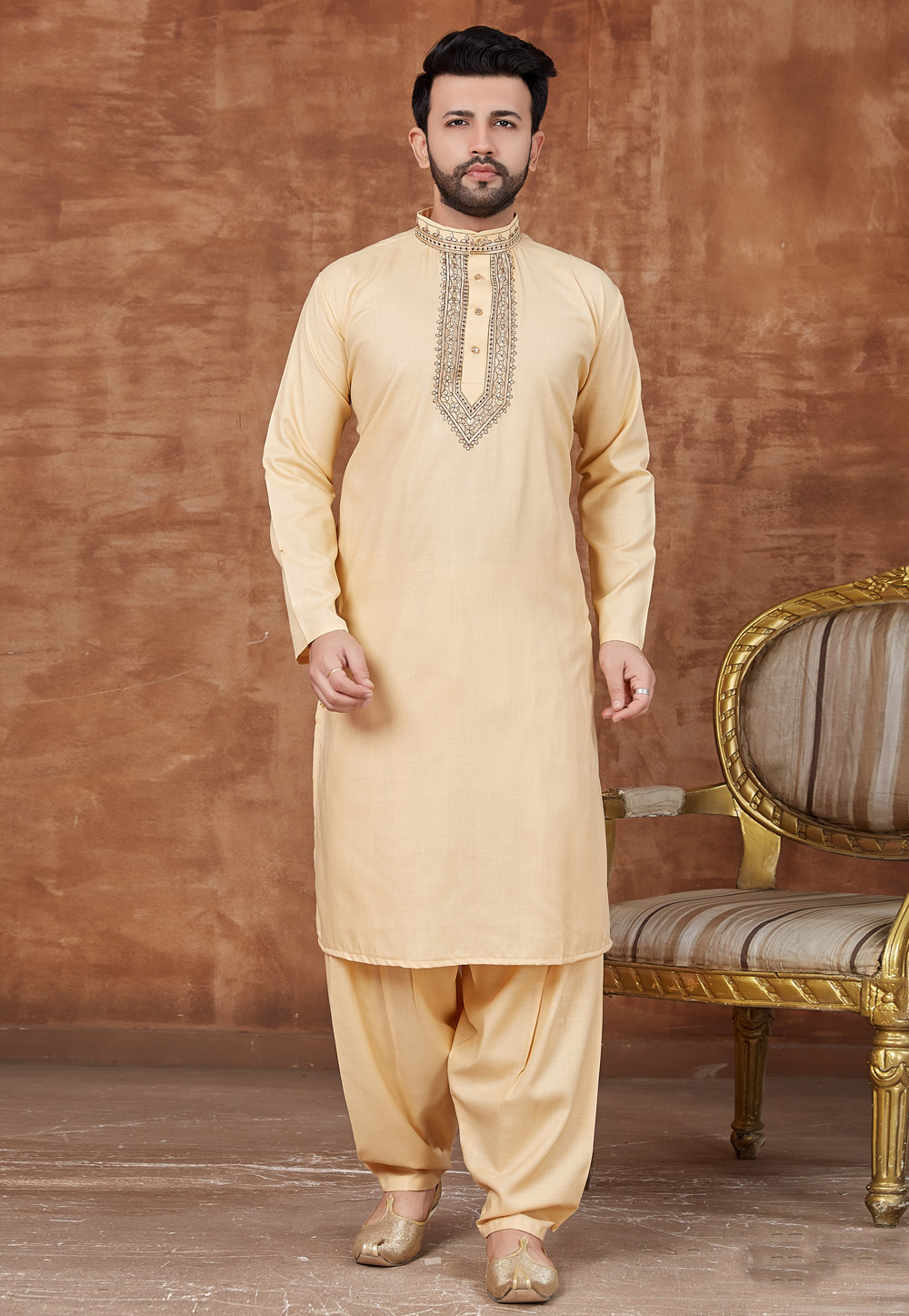 Cream Cotton Pathani Suit 228176