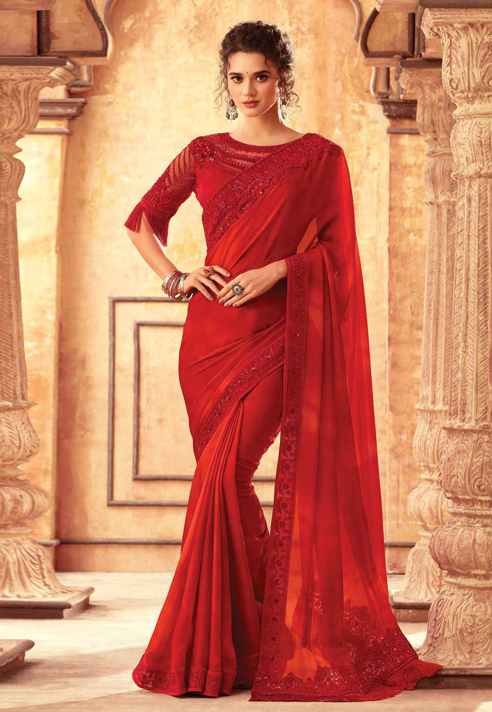 Red Silk Embroidered Festival Wear Saree 198640