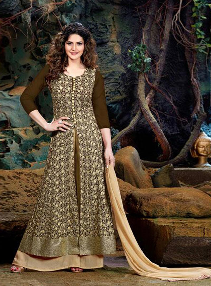 Zarine Khan Brown Faux Georgette Palazzo Style Suit 74771