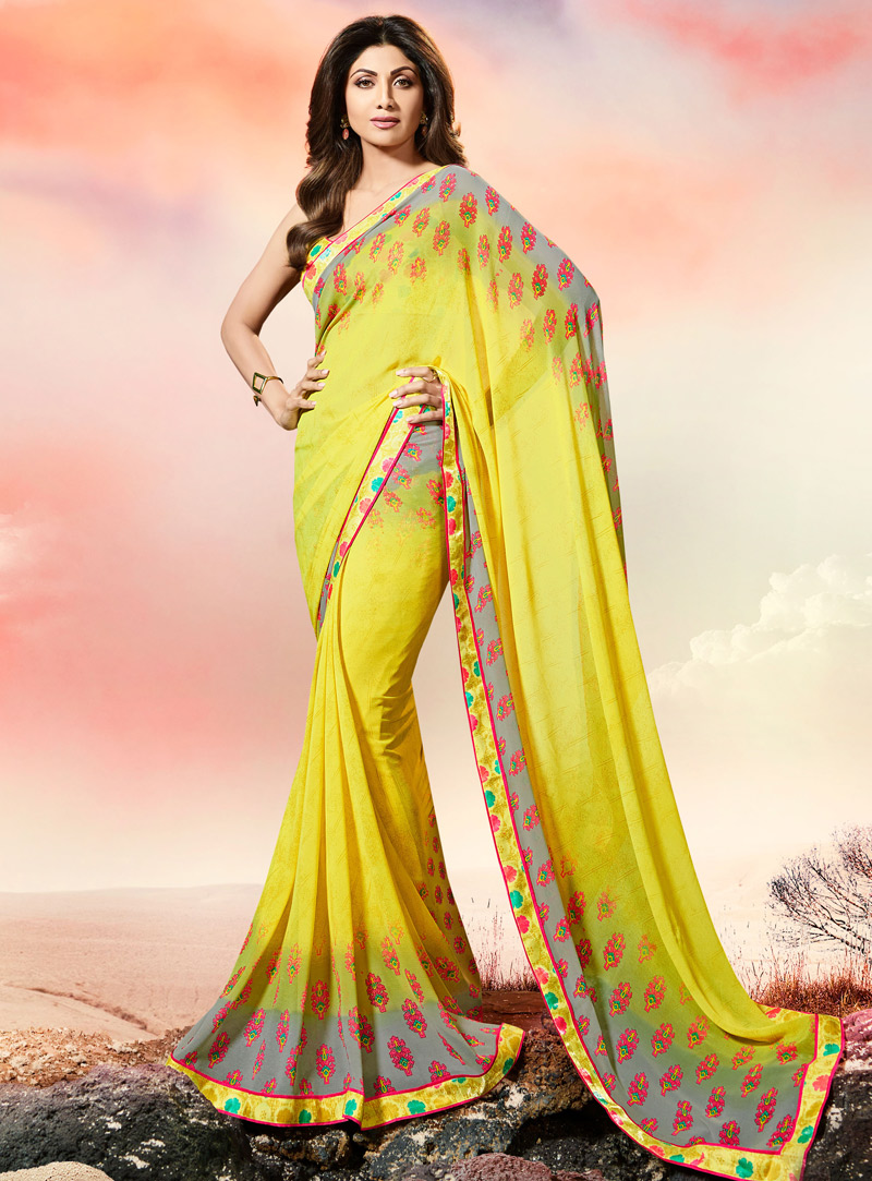 Shilpa Shetty Yellow Georgette Printed Saree With Blouse 108475