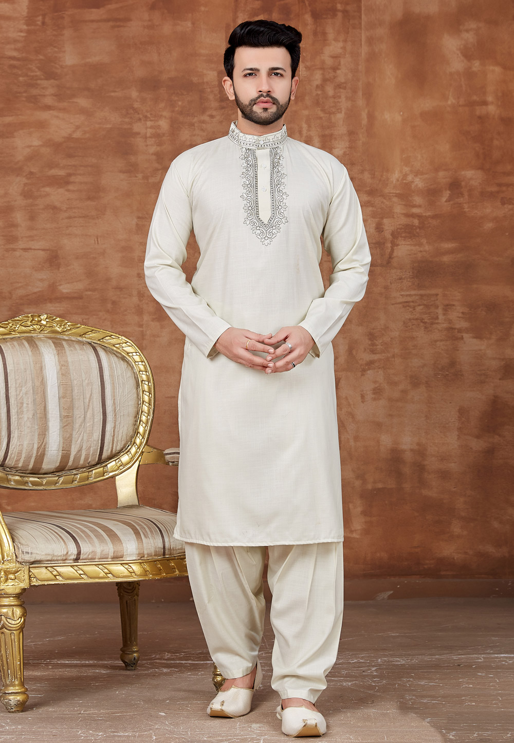 Off White Cotton Pathani Suit 228177