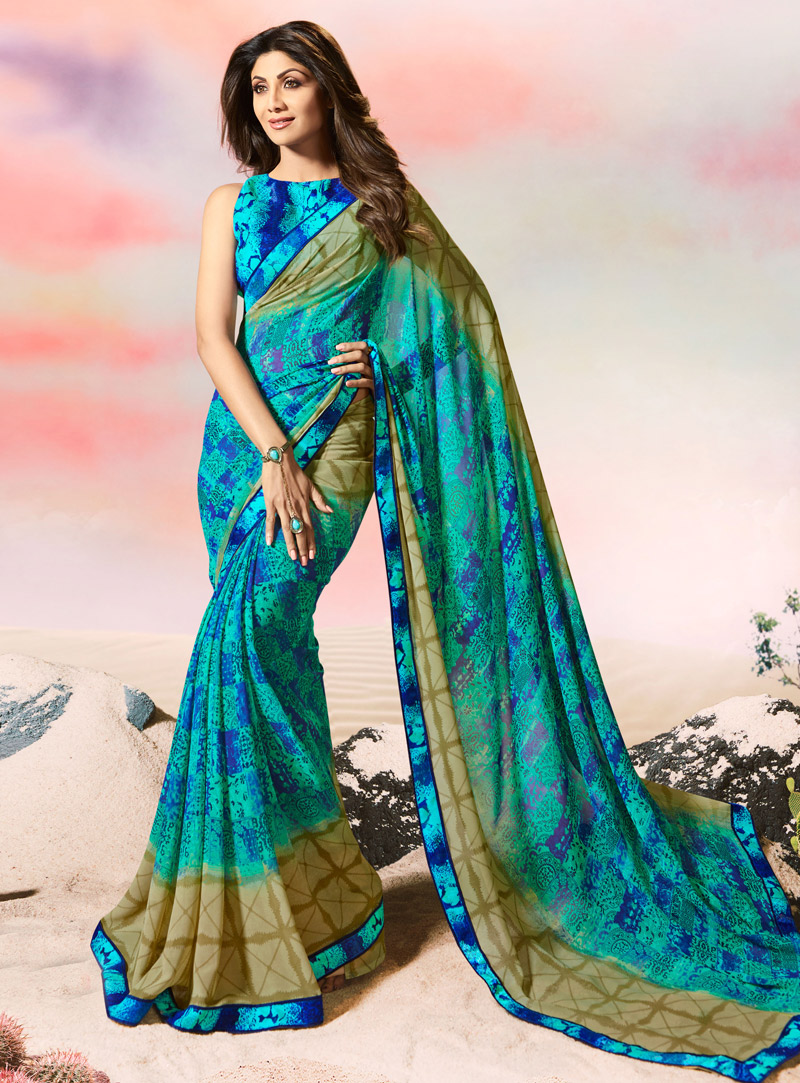 Shilpa Shetty Turquoise Georgette Casual Wear Saree 108476