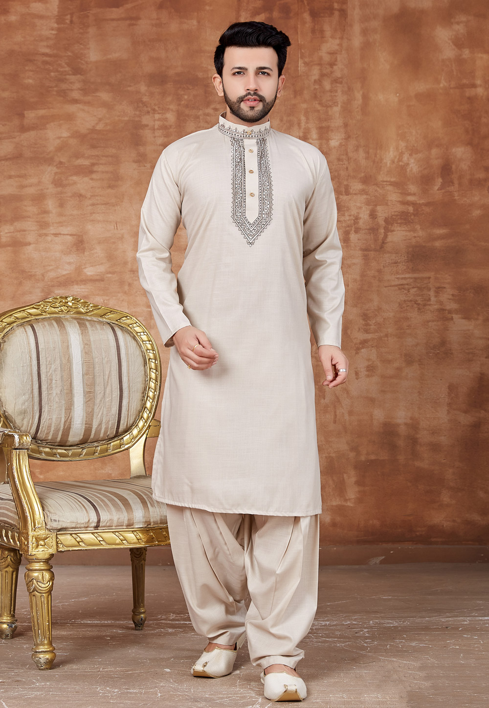 Off White Cotton Pathani Suit 228178