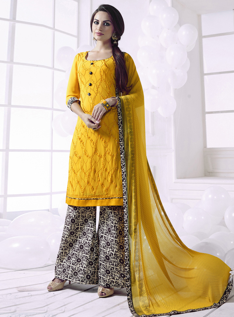 Yellow Georgette Palazzo Style Suit 104466