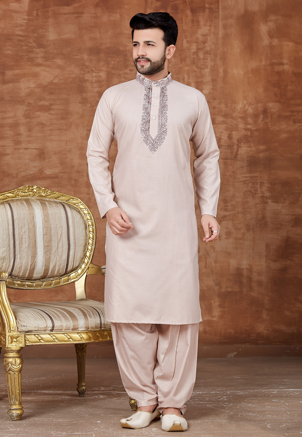 Beige Cotton Pathani Suit 228179