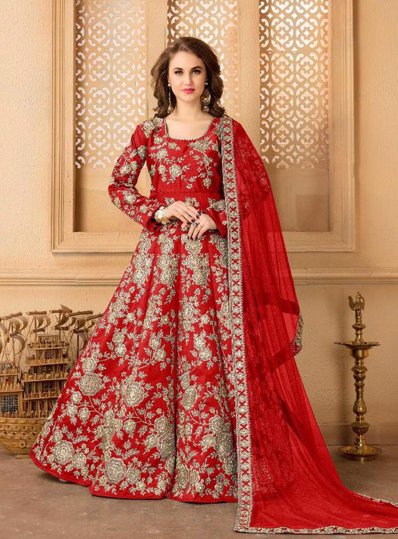 Red Taffeta Silk Floor Length Anarkali Suit 89763