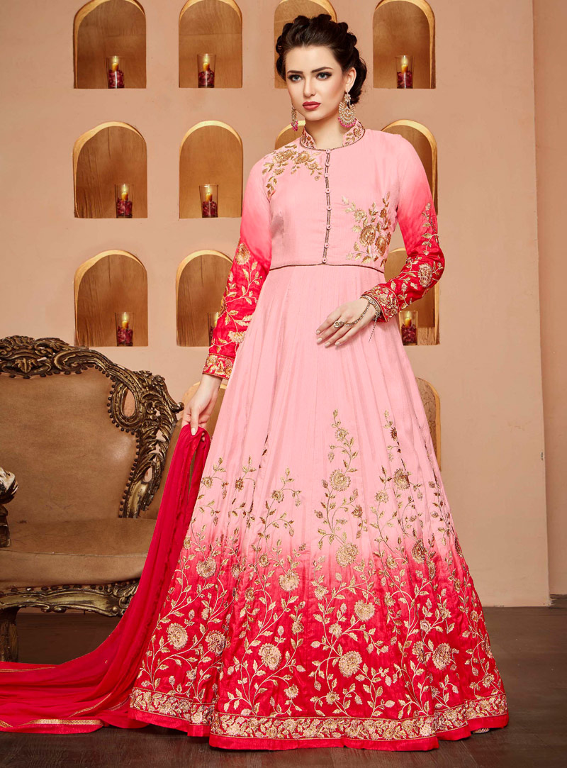 Pink Bhagalpuri Long Anarkali Suit 96210