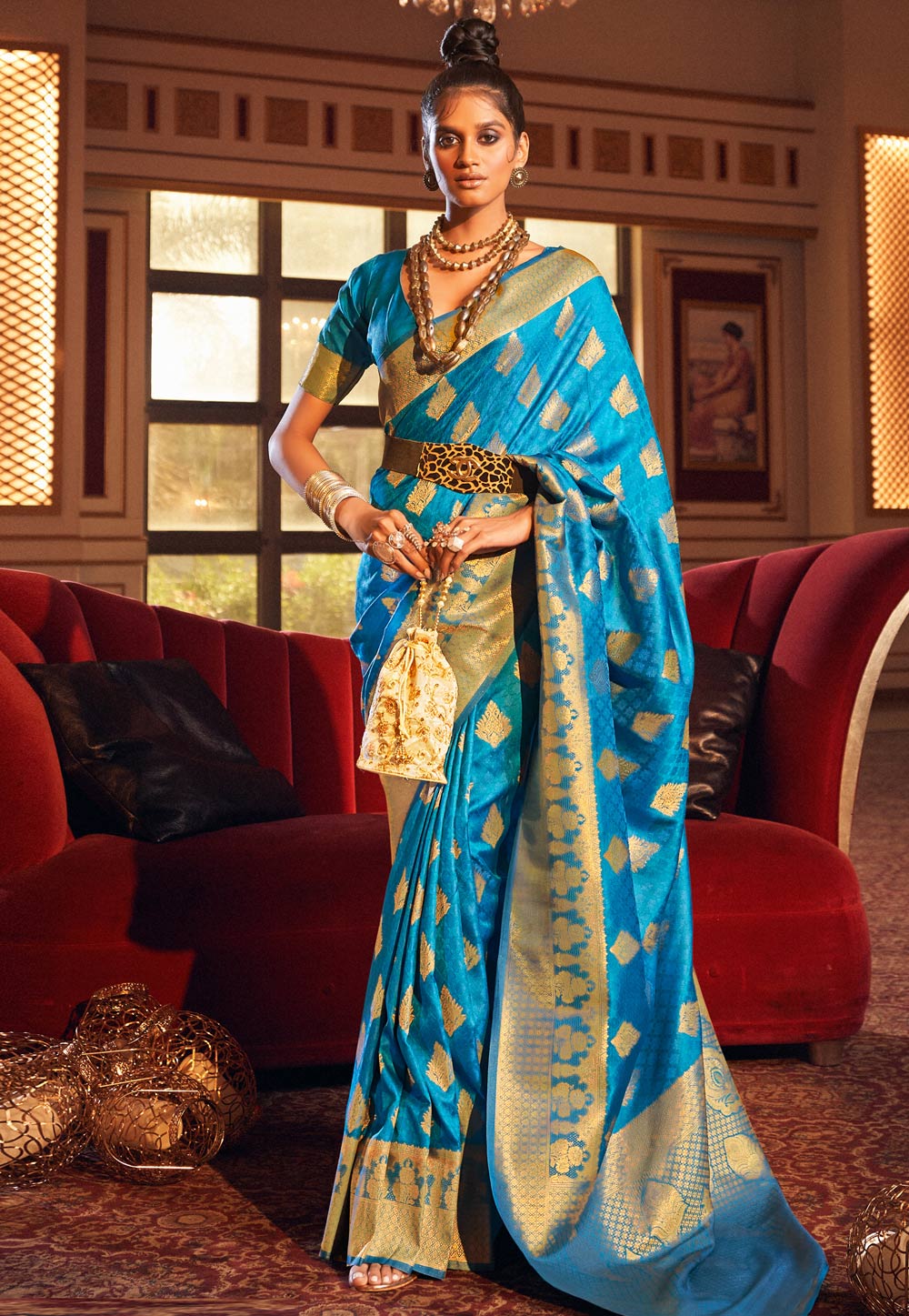 Turquoise Art Silk Saree Sari fabric India Golden Border