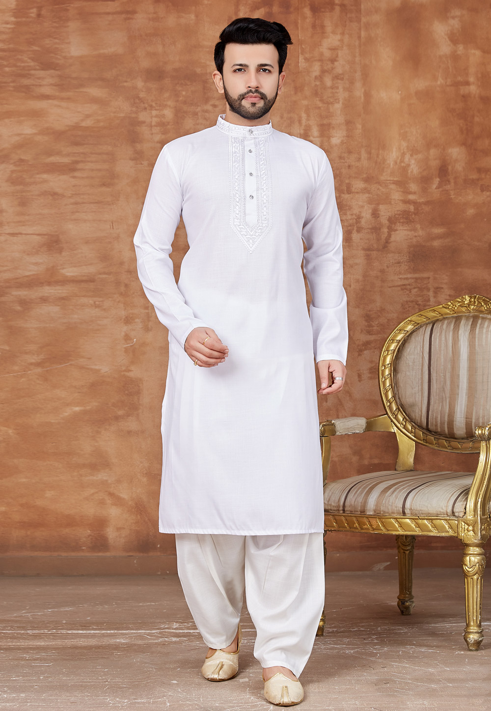 White Cotton Pathani Suit 228180