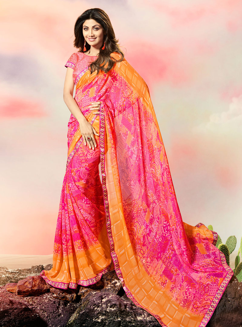 Shilpa Shetty Pink Georgette Casual Wear Saree 108480