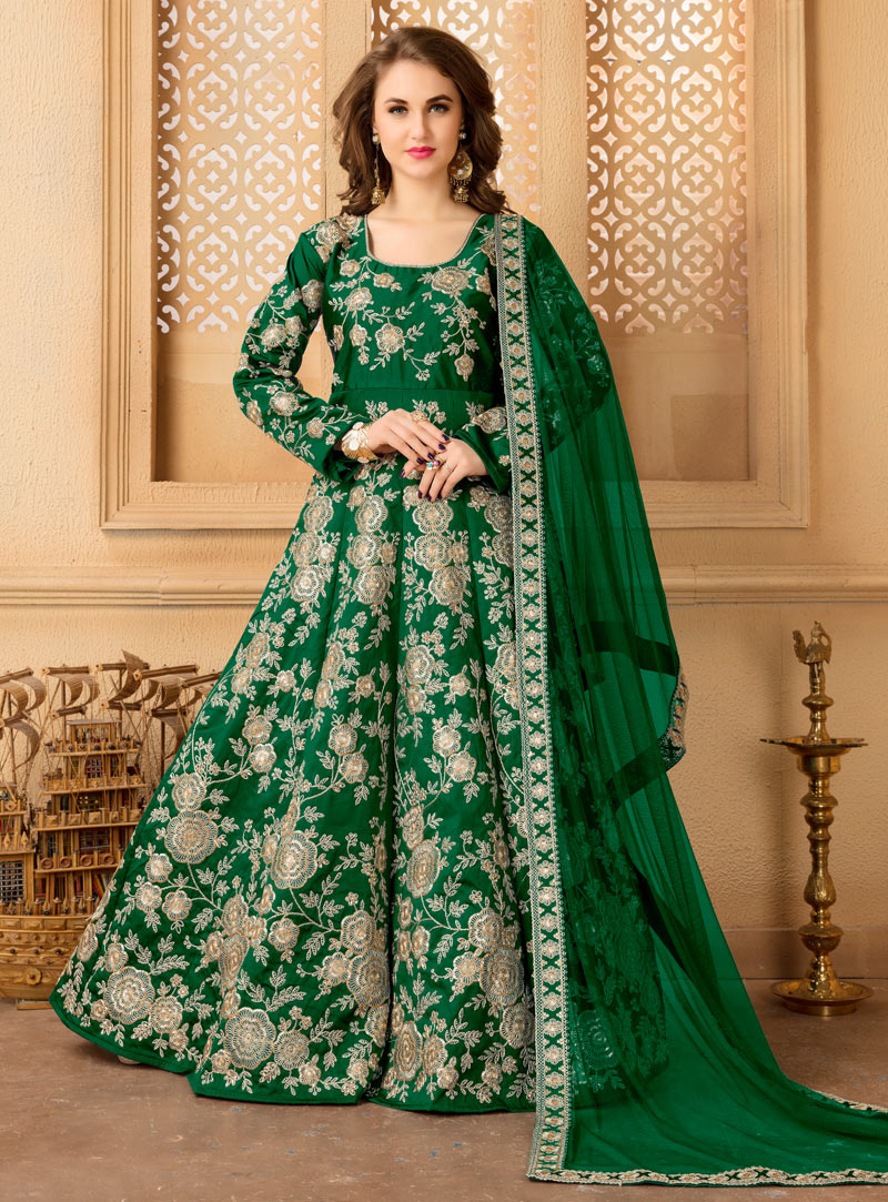 Green Taffeta Silk Long Anarkali Suit 97130