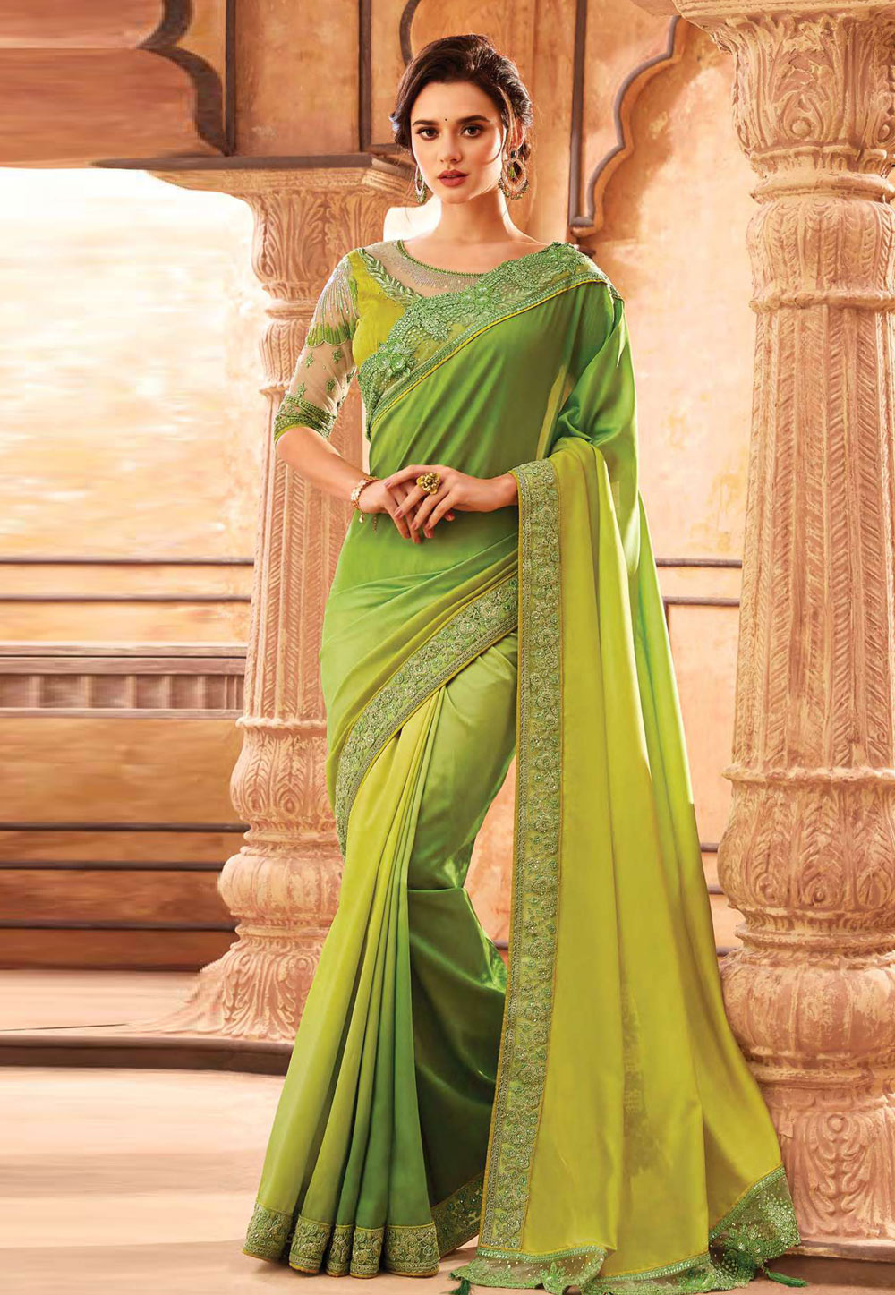 Light Green Silk Embroidered Festival Wear Saree 198645