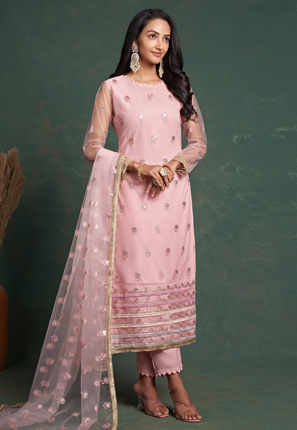 Pink Net Pakistani Suit 265366