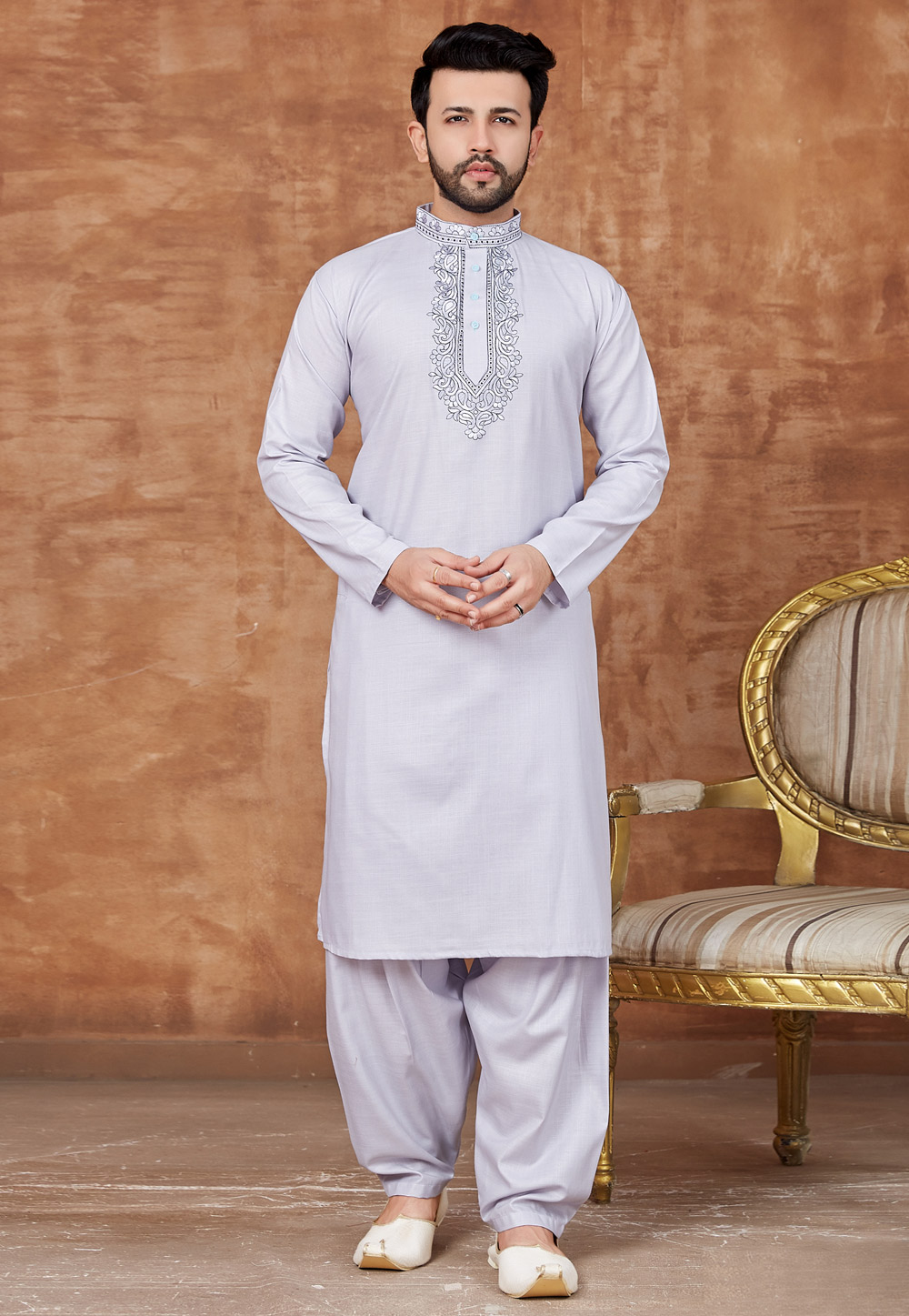Light Blue Cotton Pathani Suit 228183