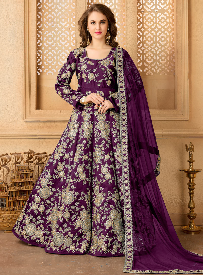 Purple Taffeta Silk Floor Length Anarkali Suit 97131
