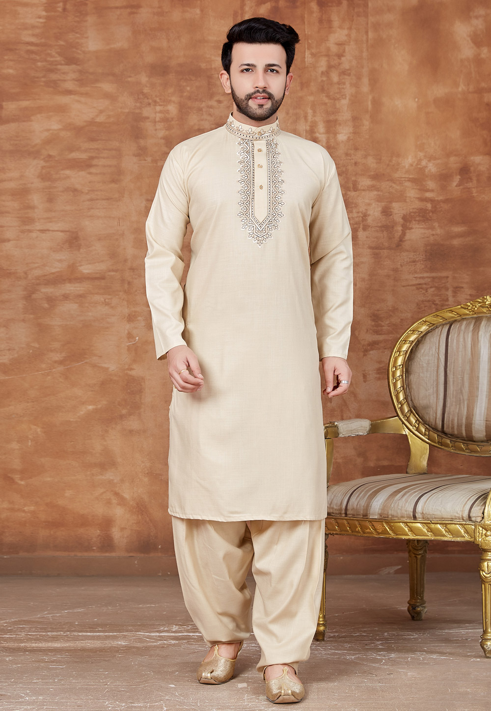 Cream Cotton Pathani Suit 228184