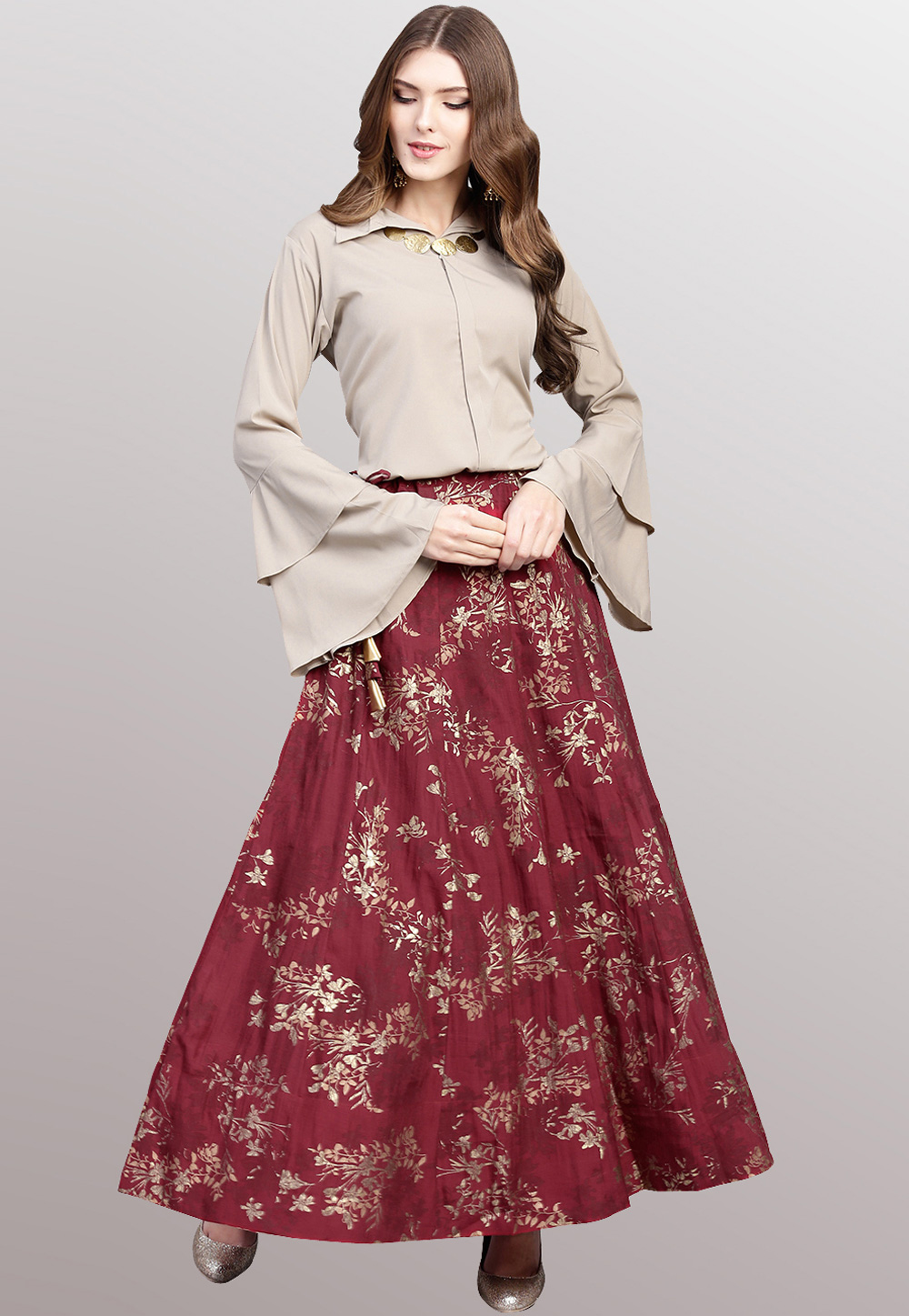 Beige Crepe Readymade Shirt and Skirt With Frill Sleeve 176997