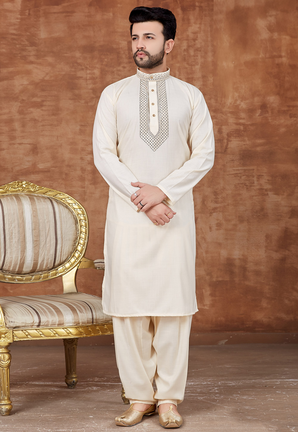 Cream Cotton Pathani Suit 228185