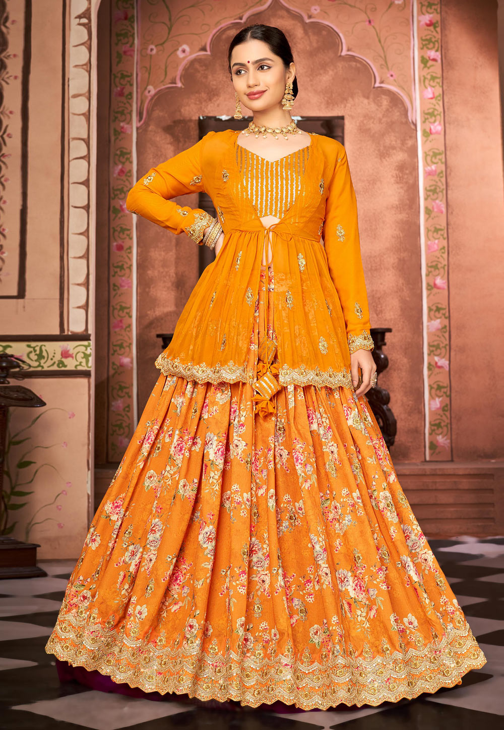 Orange Chinon Silk Readymade Indo Western Lehenga Choli 248653