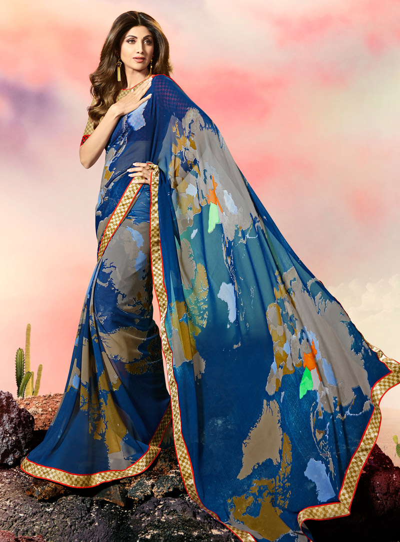 Shilpa Shetty Blue Georgette Printed Saree With Blouse 108485