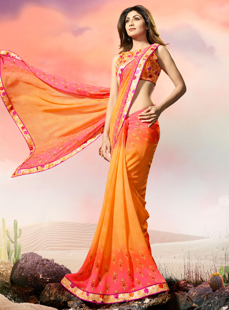 Shilpa Shetty Orange Georgette Casual Wear Saree 108486