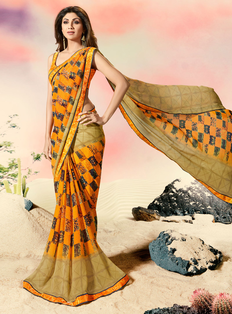 Shilpa Shetty Orange Georgette Printed Saree With Blouse 108487