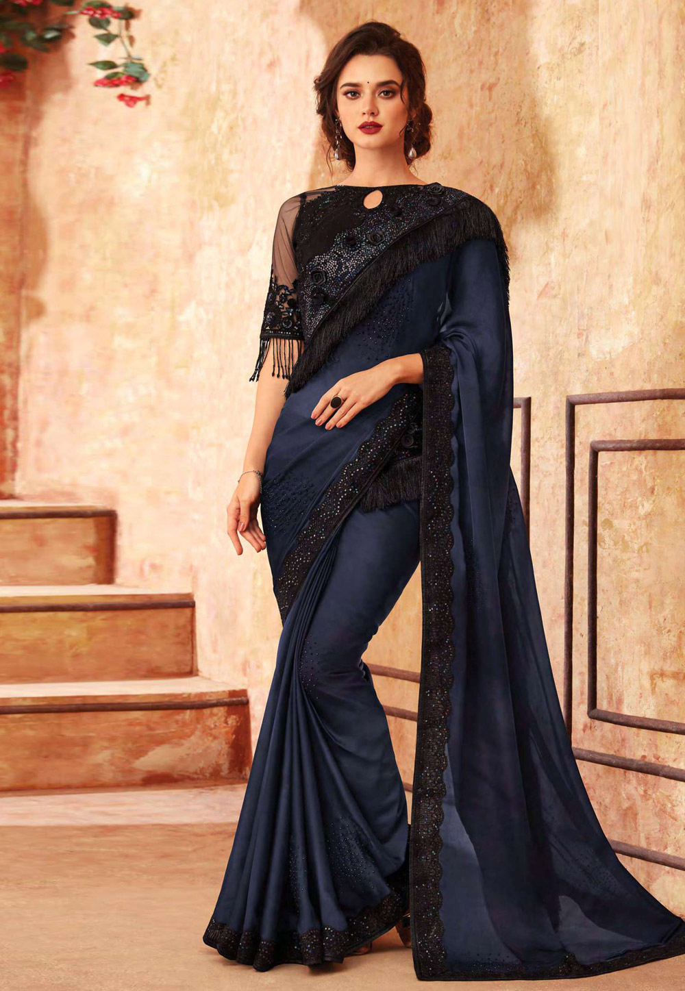 Navy Blue Silk Embroidered Saree With Blouse 198652