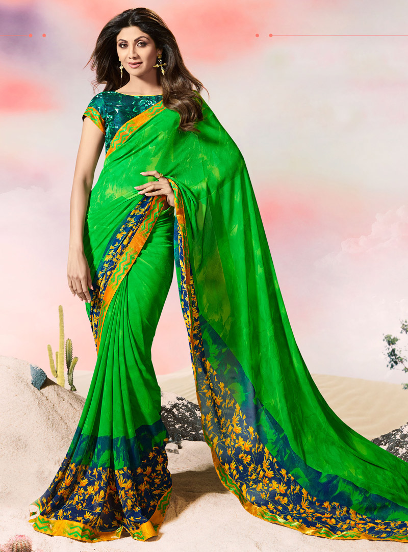 Shilpa Shetty Green Georgette Printed Saree With Blouse 108489