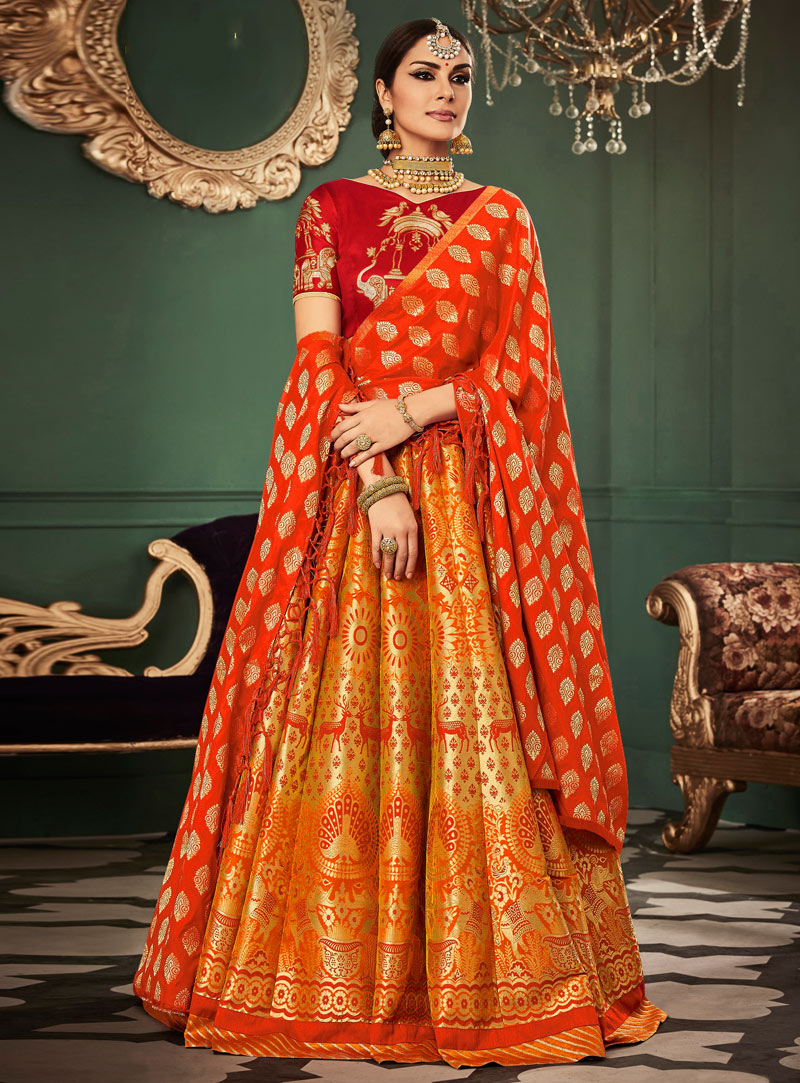 Orange Banarasi Silk A Line Lehenga Choli 97924