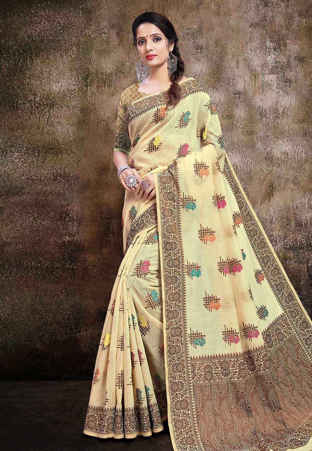 Beige Banarasi Cotton Silk Festival Wear Saree 206109