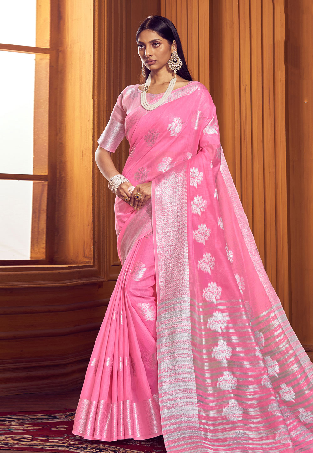 Pink Linen Festival Wear Saree 216488