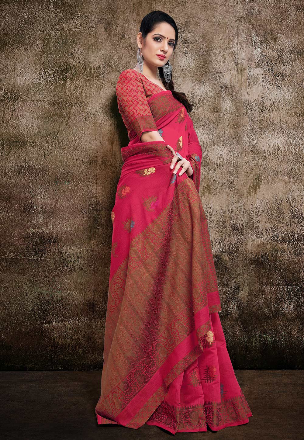 Pink Banarasi Cotton Silk Saree With Blouse 206110