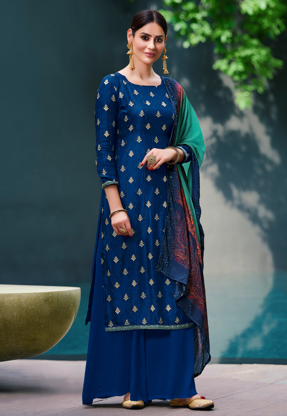 Navy Blue Jacquard Embroidered Palazzo 246644