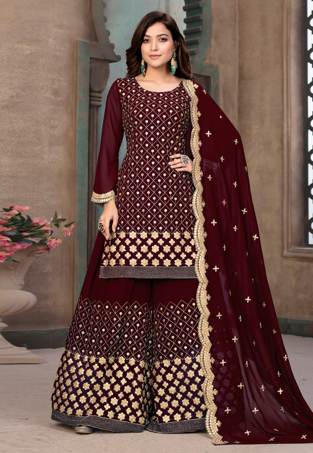 Maroon Faux Georgette Kameez With Palazzo 227405