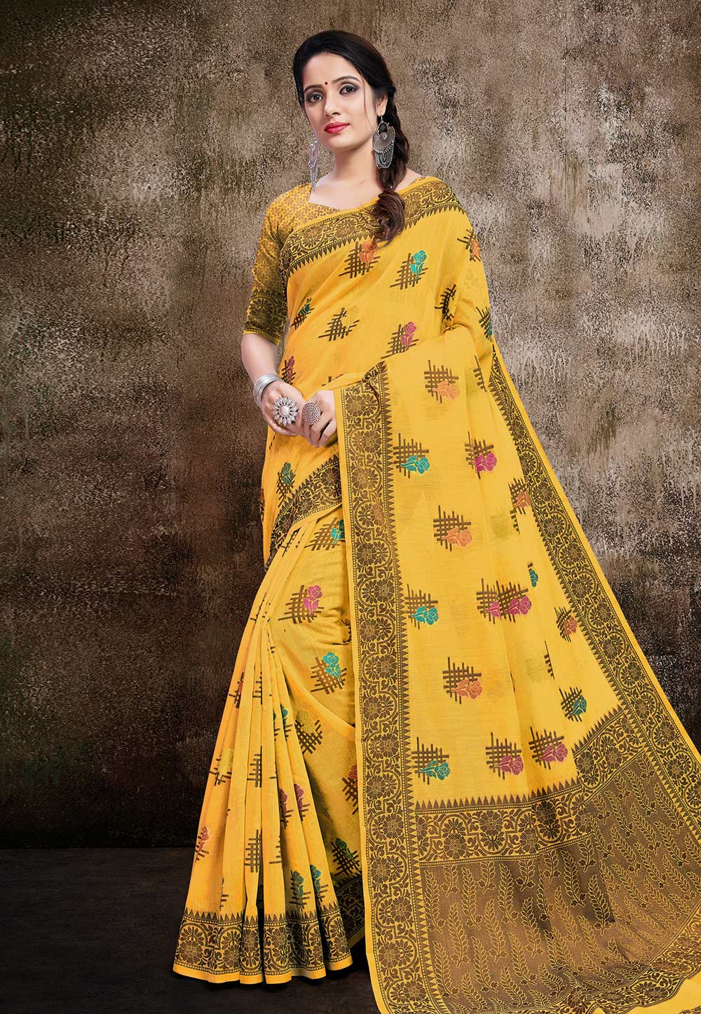 Yellow Banarasi Cotton Silk Festival Wear Saree 206111