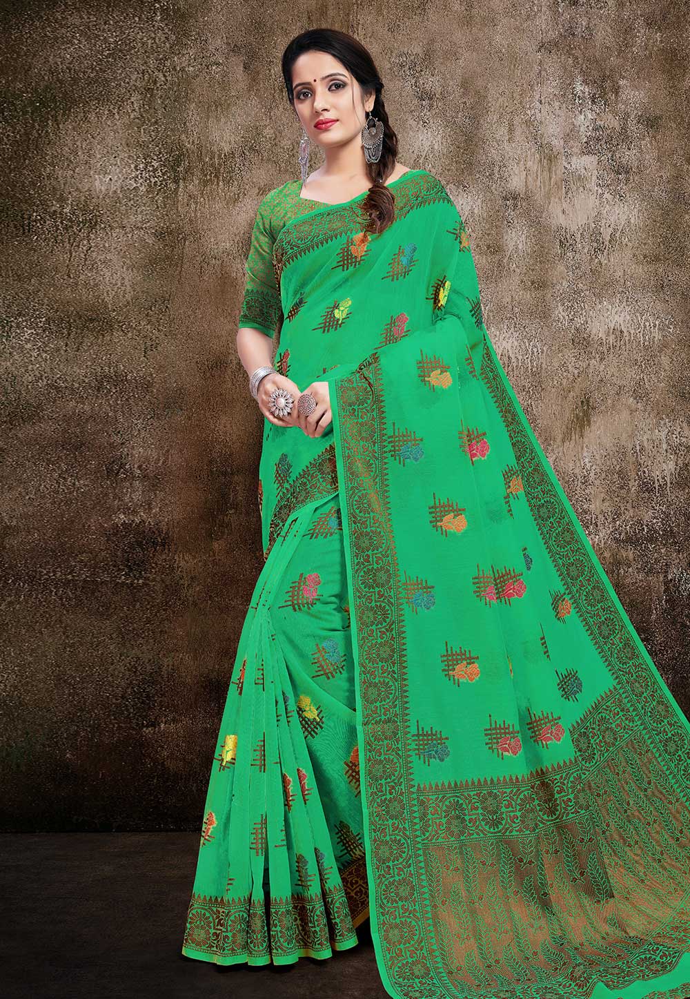 Green Banarasi Cotton Silk Saree With Blouse 206112