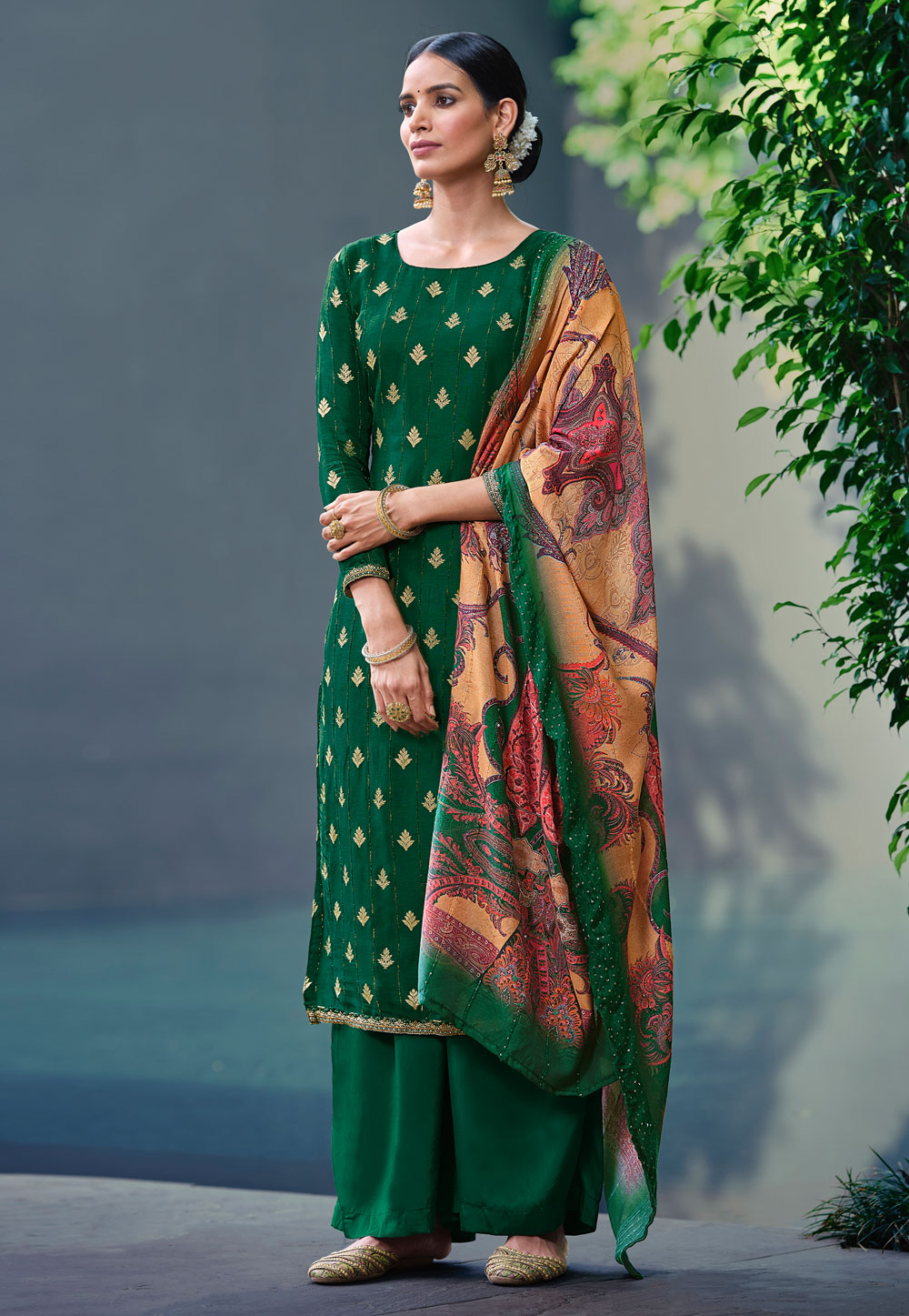 Green Jacquard Pakistani Palazzo Suit 246646