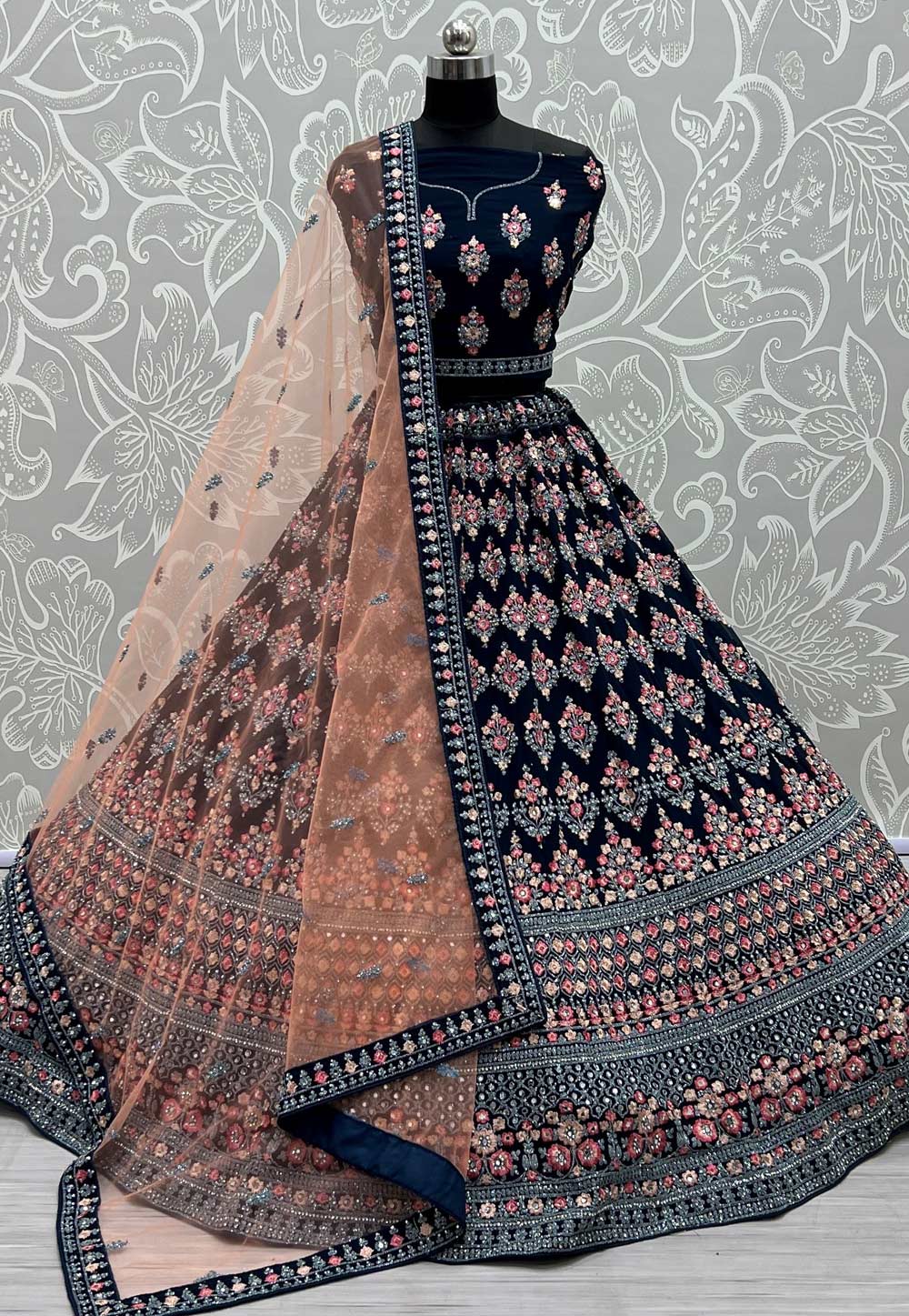 Navy Blue Georgette Wedding Lehenga Choli 257140