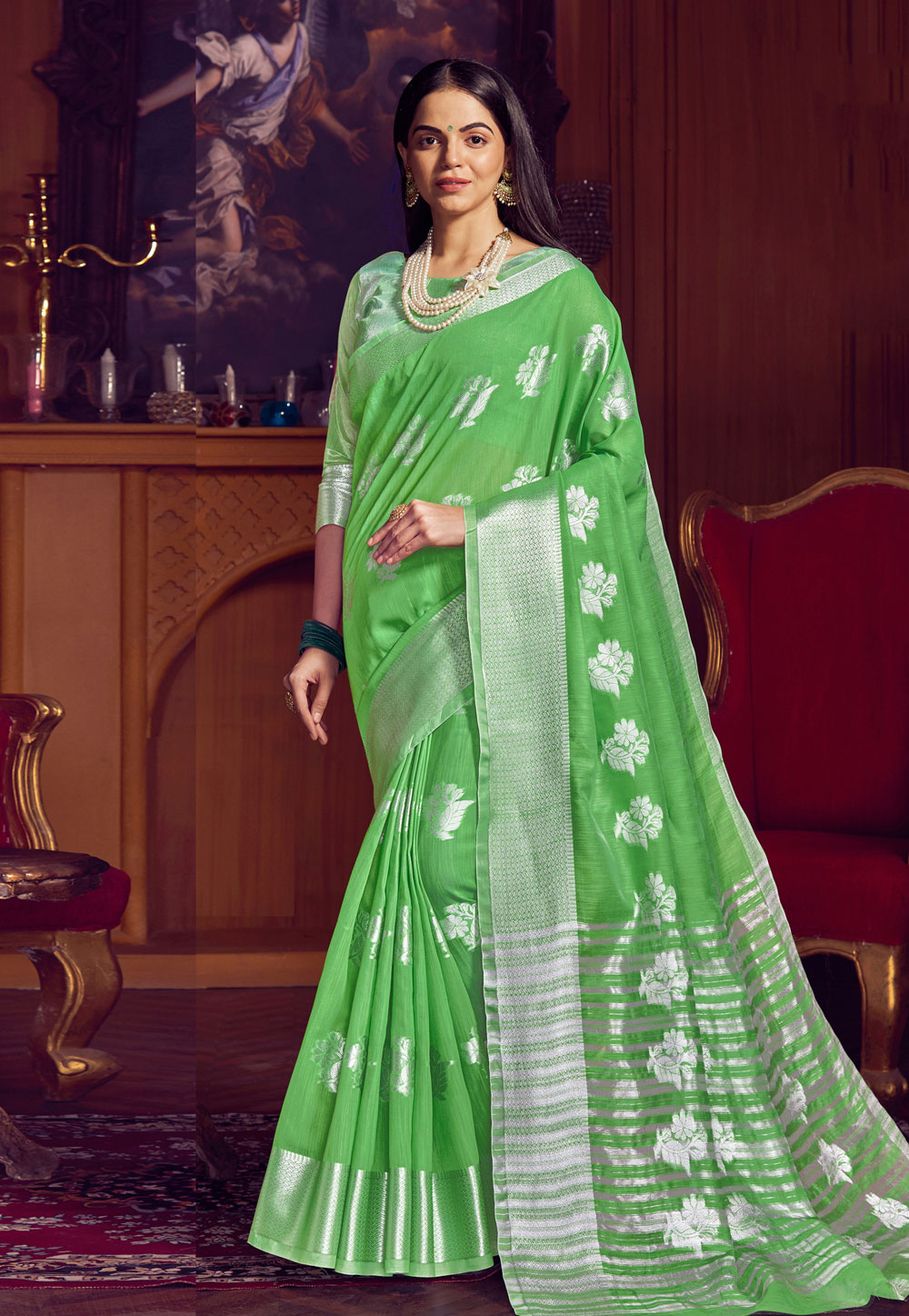Green Linen Saree With Blouse 216493