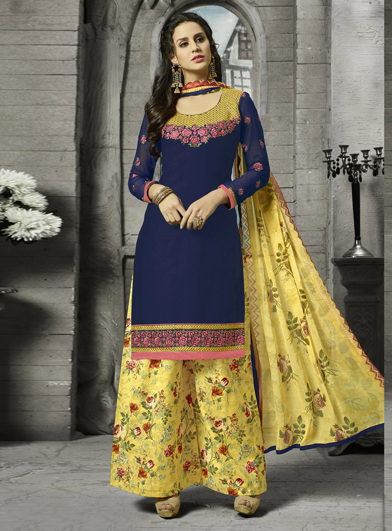 Navy Blue Cotton Palazzo Style Suit 104684