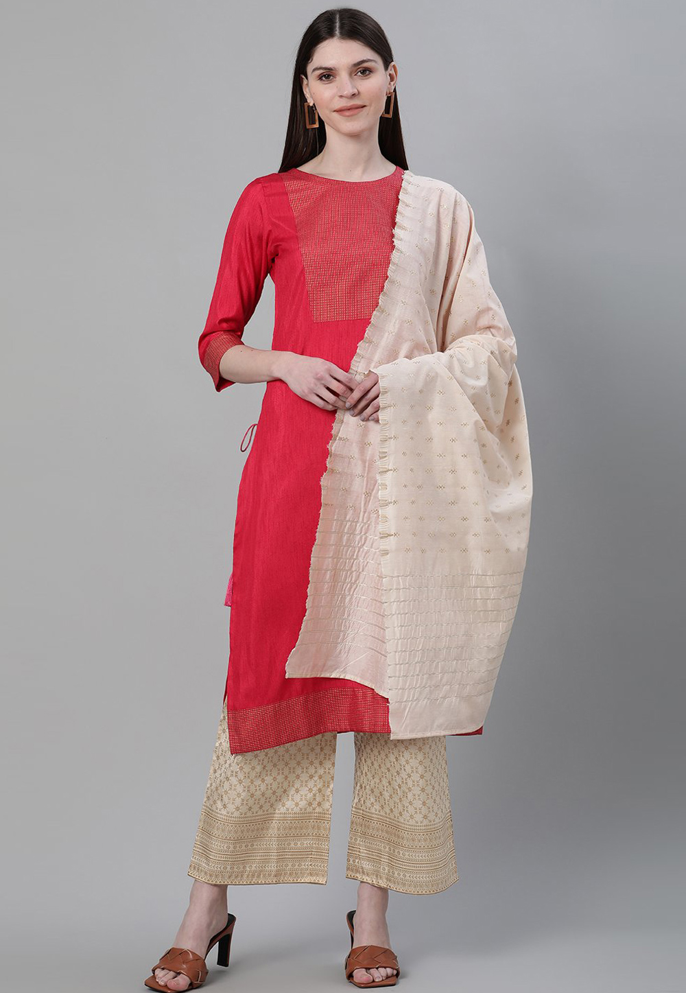 Red Poly Silk Readymade Palazzo Suit 234158
