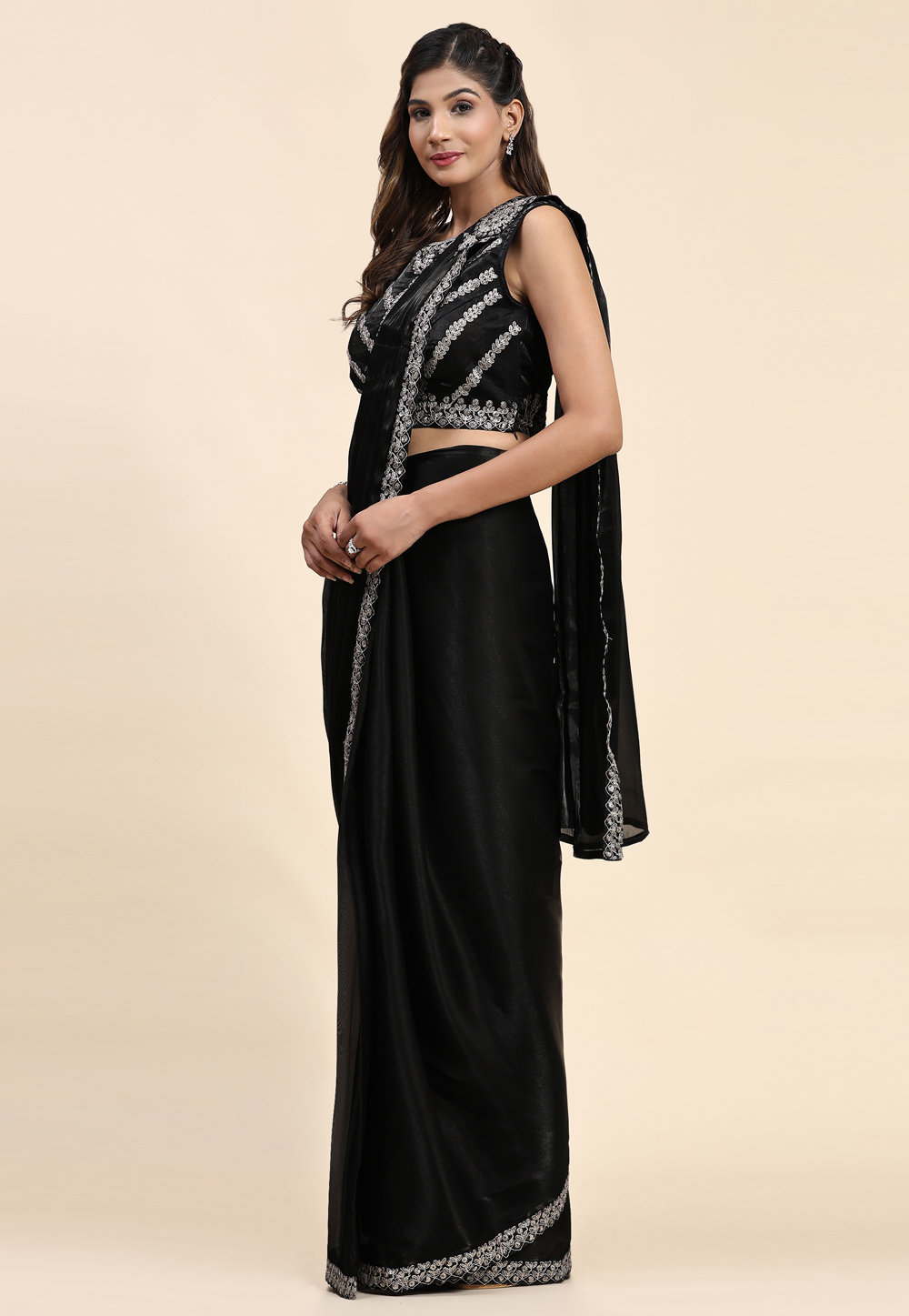 Black Silk Satin Saree With Blouse 270389