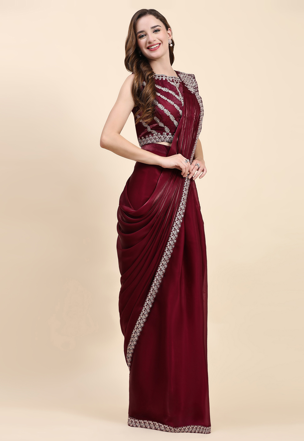 Maroon Silk Satin Designer Lehenga Saree 270390